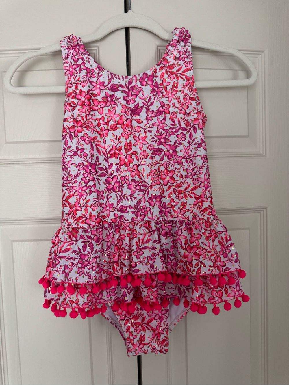 Girls Floral One Piece Swimsuit with Metallic Gold Dots and Hot Pink Pom Trim